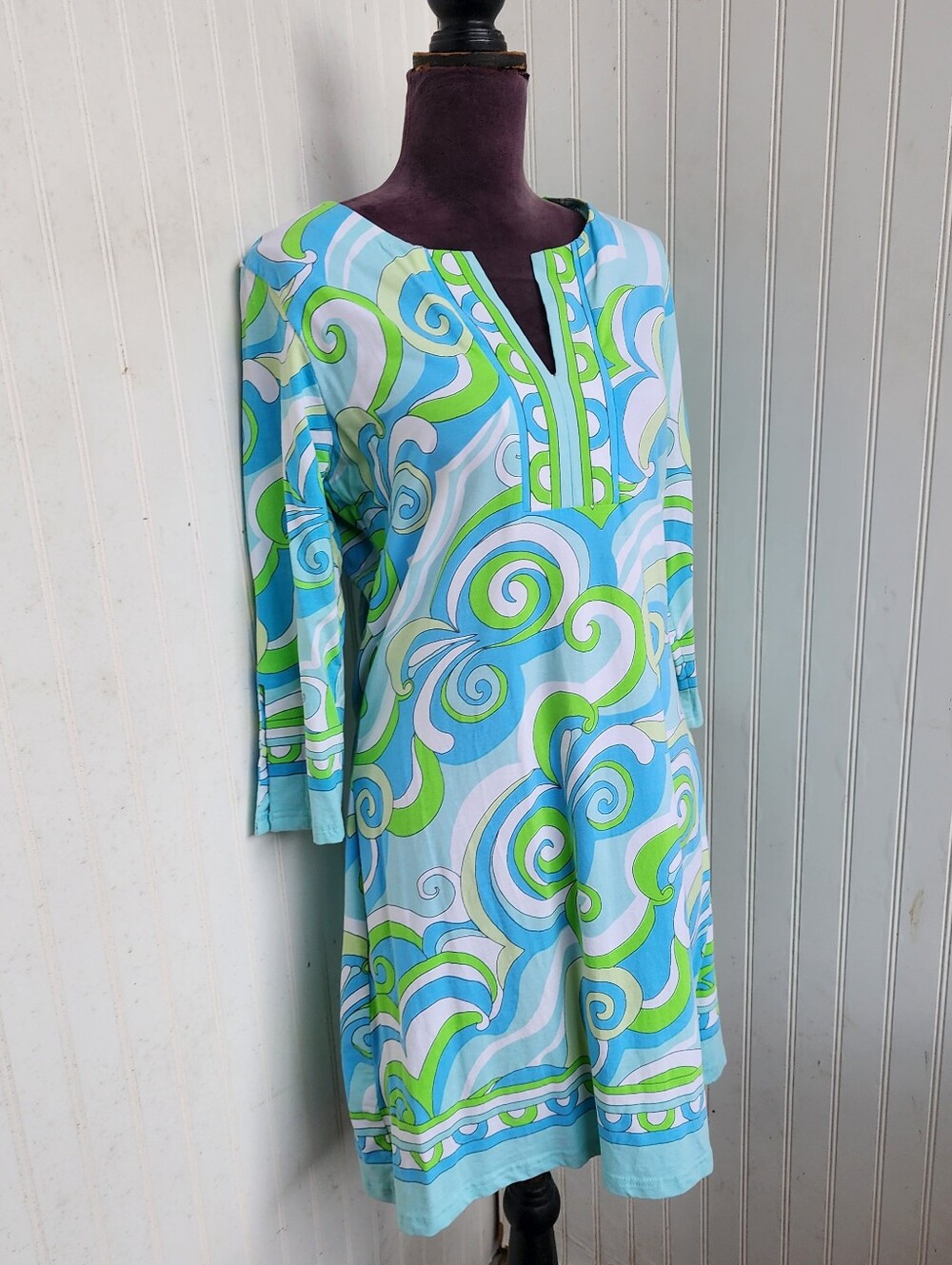 Barbara Gerwit Knit V Neck long sleeve Blue Green Geometric Dress Cotton Women L - Picture 5 of 14